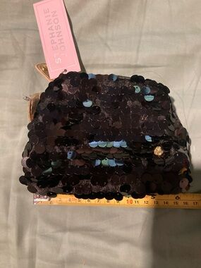 NWT Stephanie Johnson black sequin makeup pouch with gold zipper & accents OS